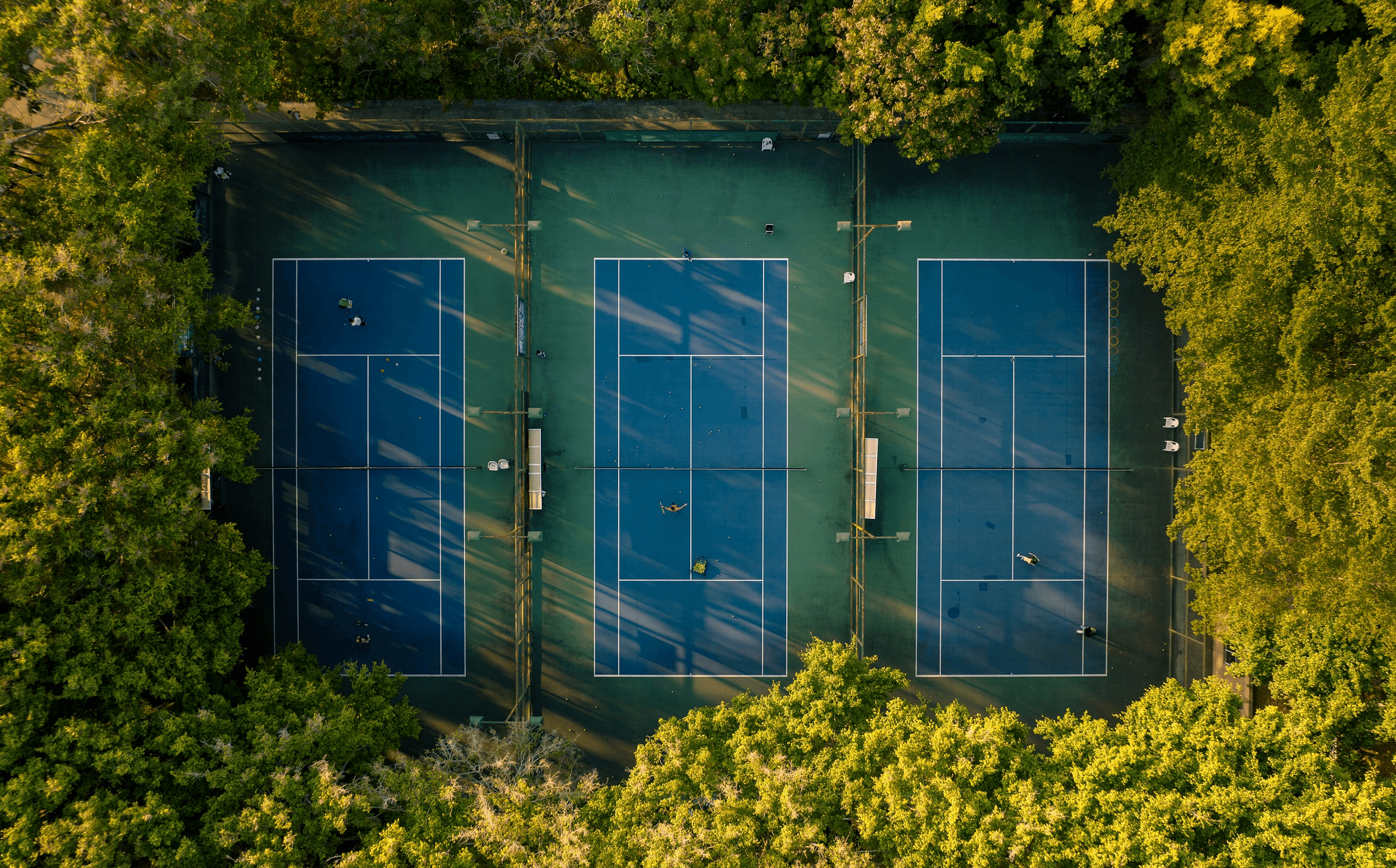 Tennis player on a green court holding a racket