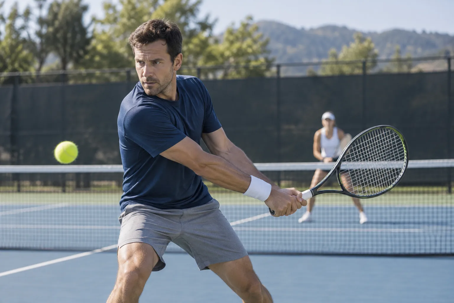 Experienced tennis player preparing a two-handed backhand during training.