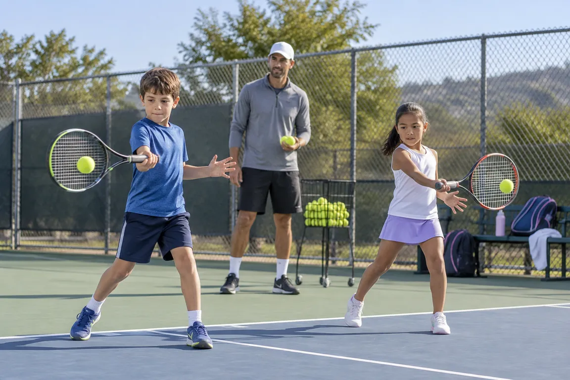 Coach supervising children practicing tennis after school on an outdoor court.