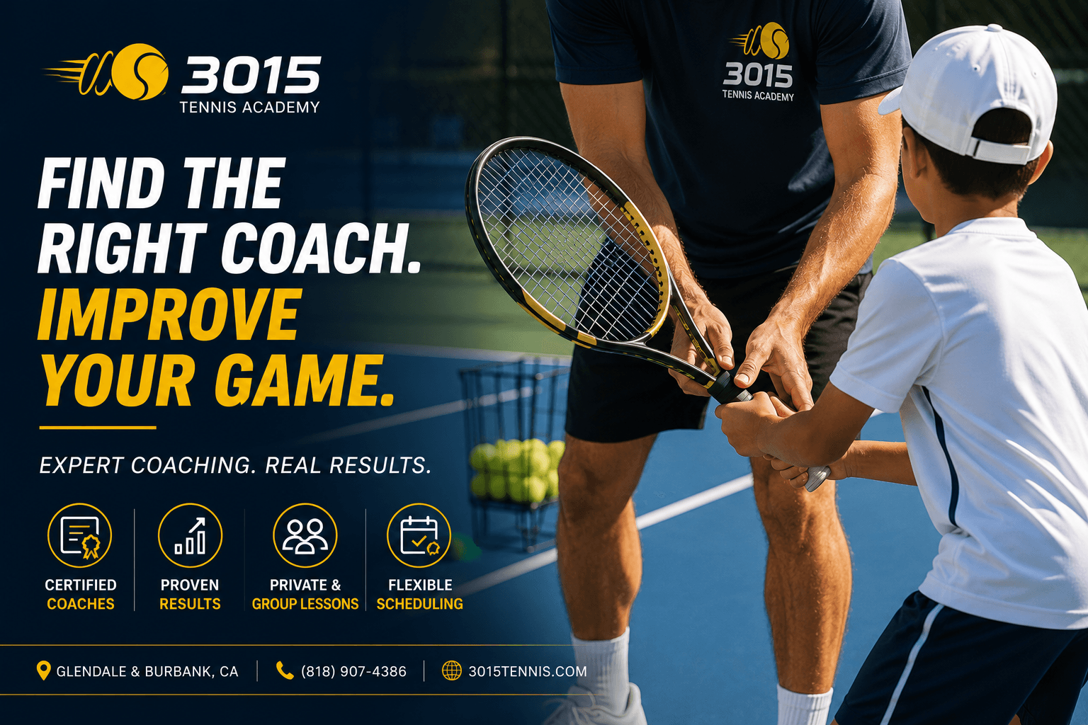 Adult tennis lessons at 3015 Tennis Academy in Glendale with beginner and intermediate players training on outdoor courts
