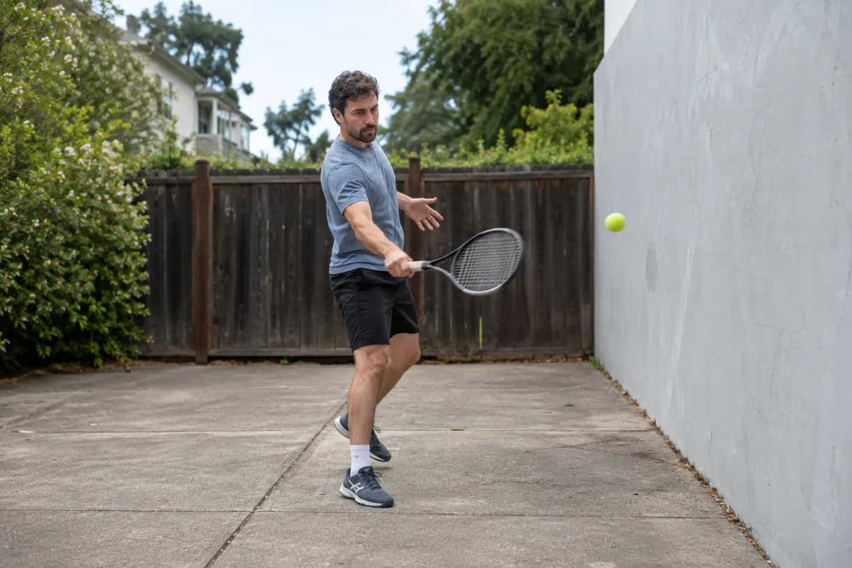 An adult tennis player practicing a forehand against a backyard wall