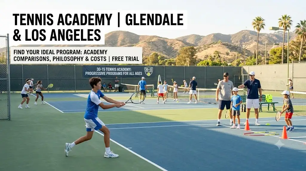 Tennis academies in Glendale and Los Angeles featuring a tennis court with players training and coaching equipment banner image
