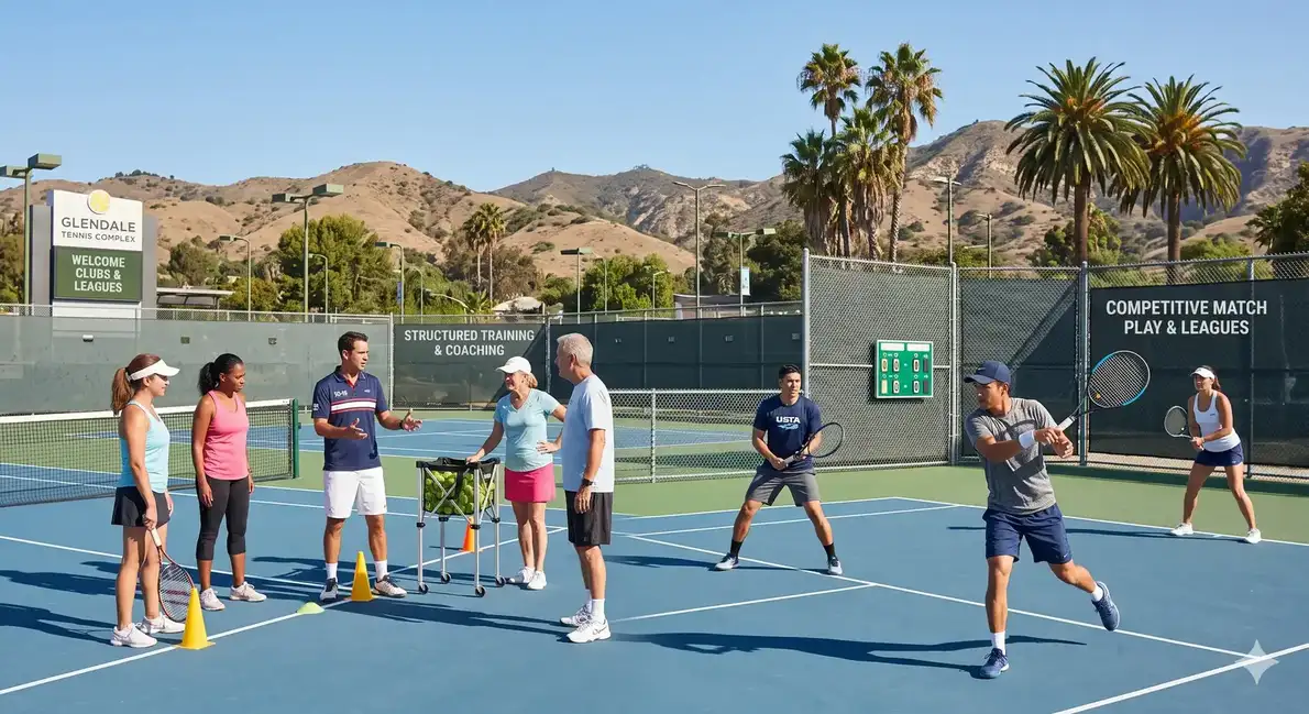 Tennis clubs and leagues in Glendale featuring players competing in a league match on an outdoor tennis court banner image
