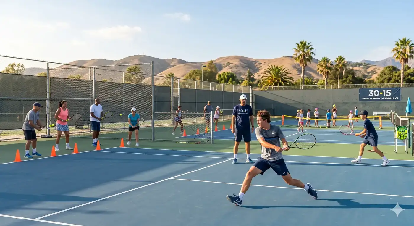 Tennis training in Glendale featuring players doing drills and coaching exercises on an outdoor tennis court banner image