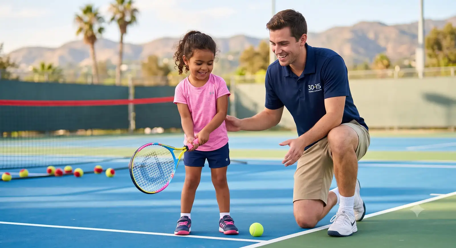 Young children playing mini tennis with small rackets and red balls on a scaled-down court in Glendale