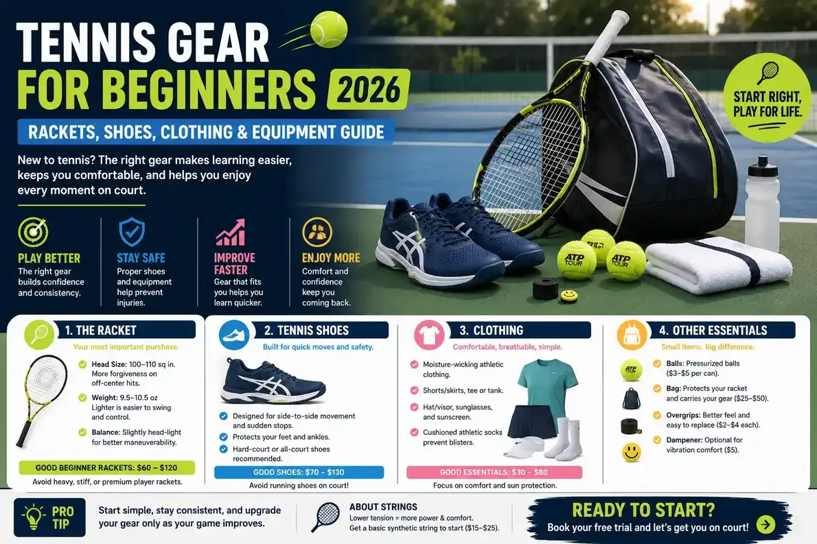 Tennis gear for beginners including a racket, shoes, balls and accessories arranged on a tennis court