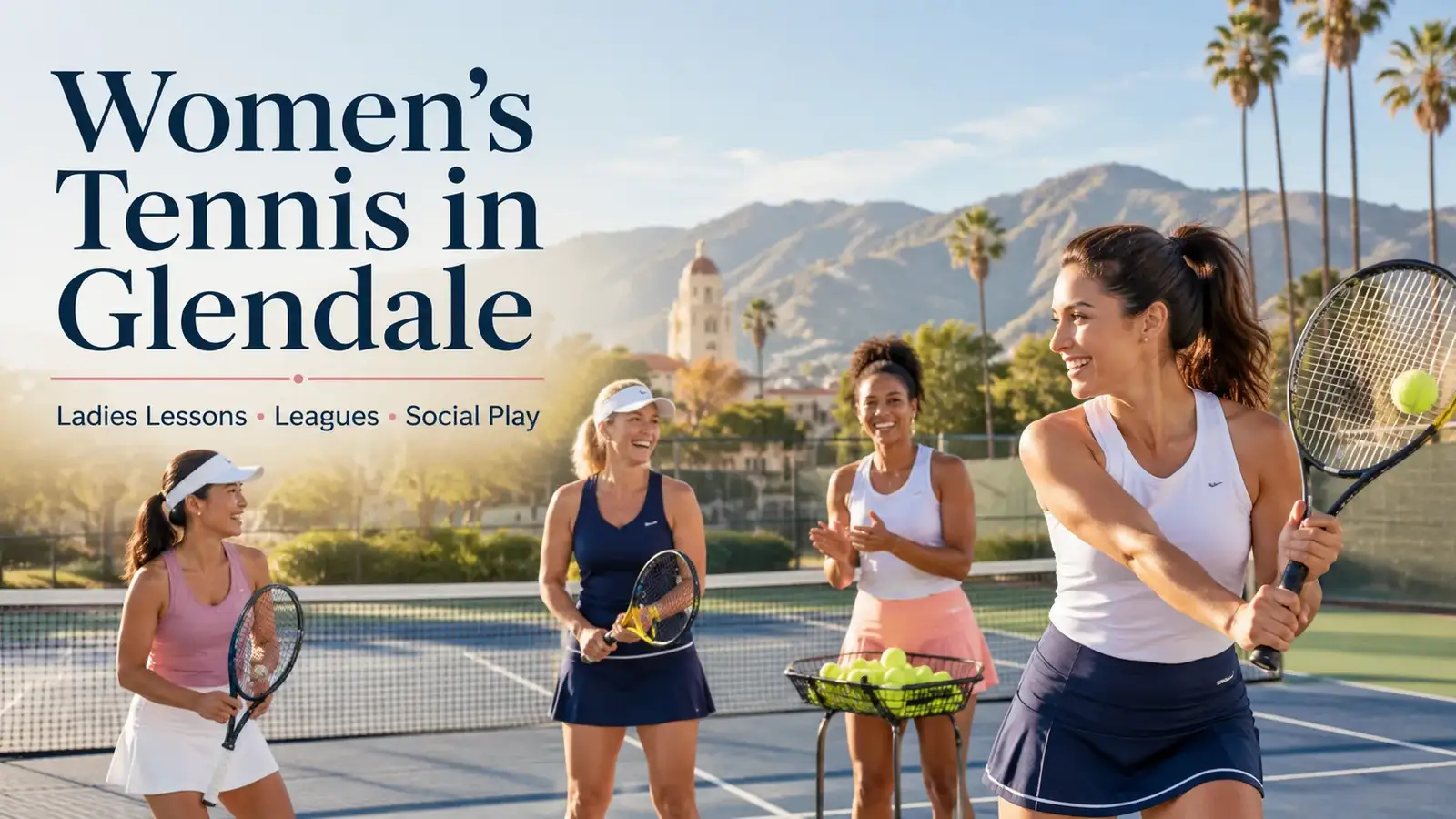 Women playing tennis in a ladies-only group lesson on an outdoor tennis court in Glendale