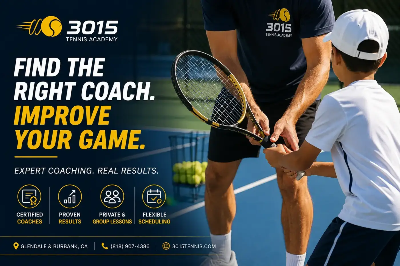Private tennis coaching session at 3015 Tennis Academy in Glendale featuring tennis rackets and training equipment on an outdoor court banner image
