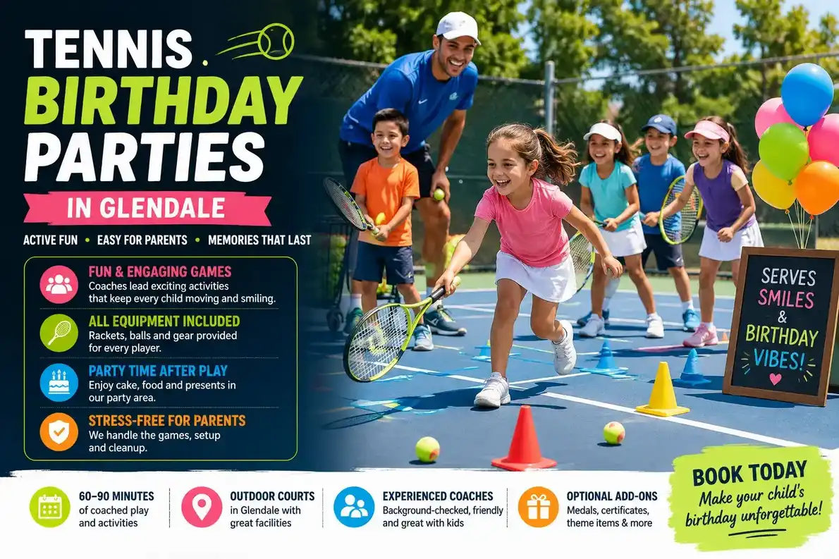 Children playing tennis with a coach on an outdoor tennis court