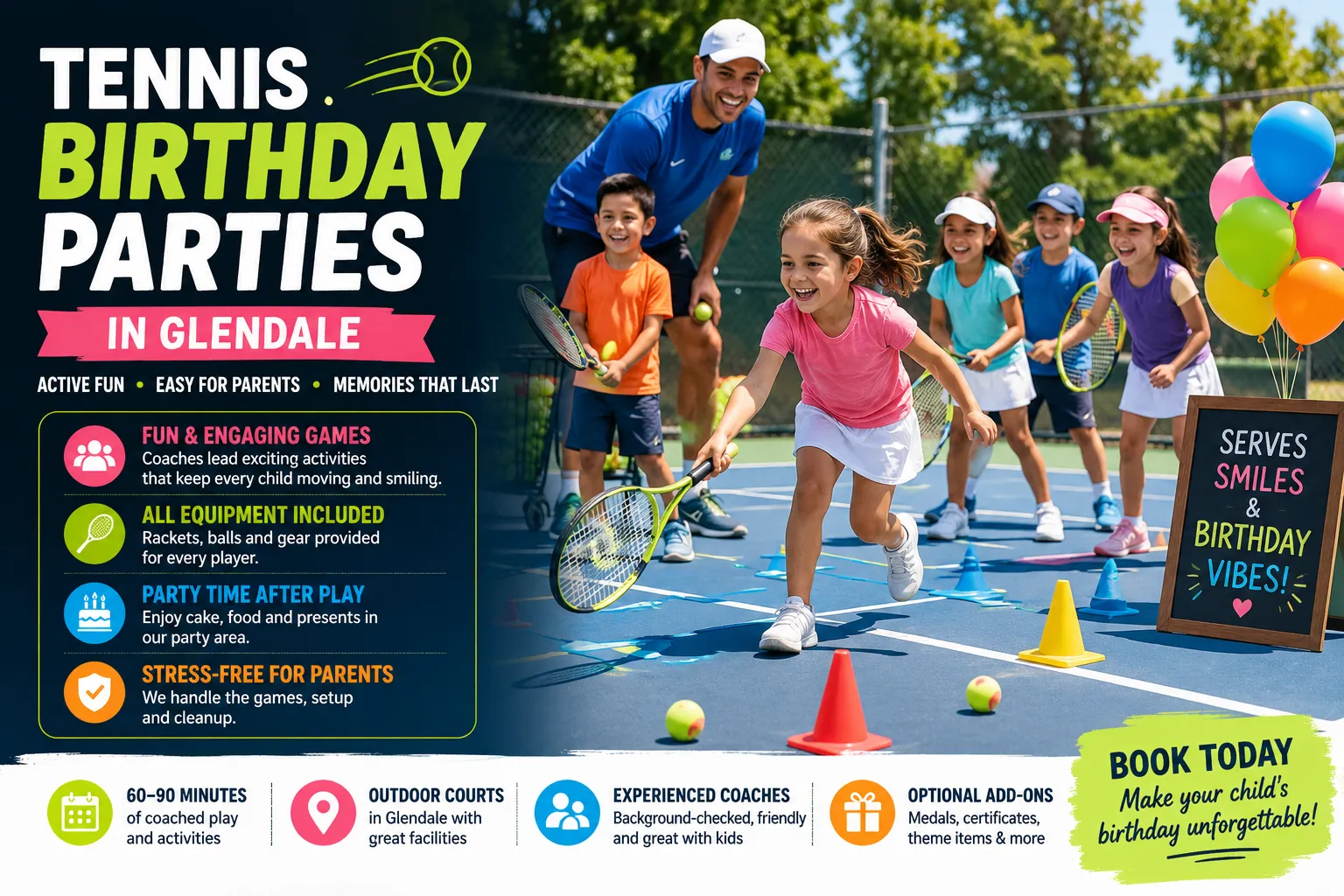 Children playing tennis with a coach on an outdoor tennis court