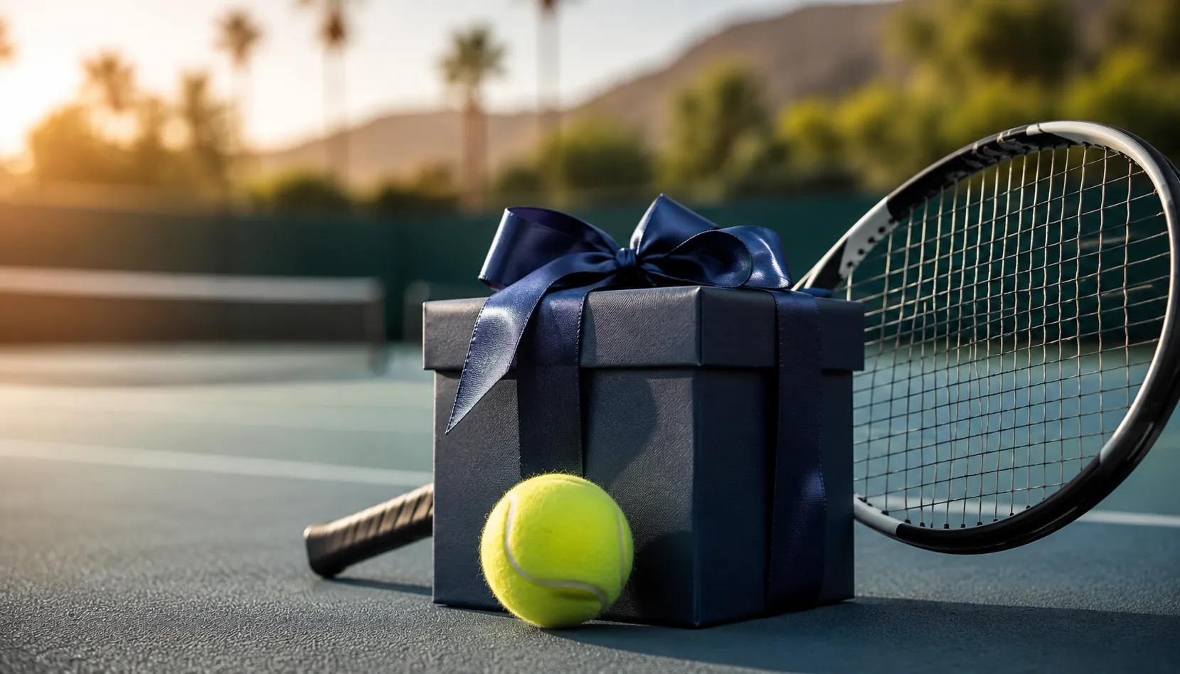 Tennis racket and gift box with a tennis ball on an outdoor tennis court.