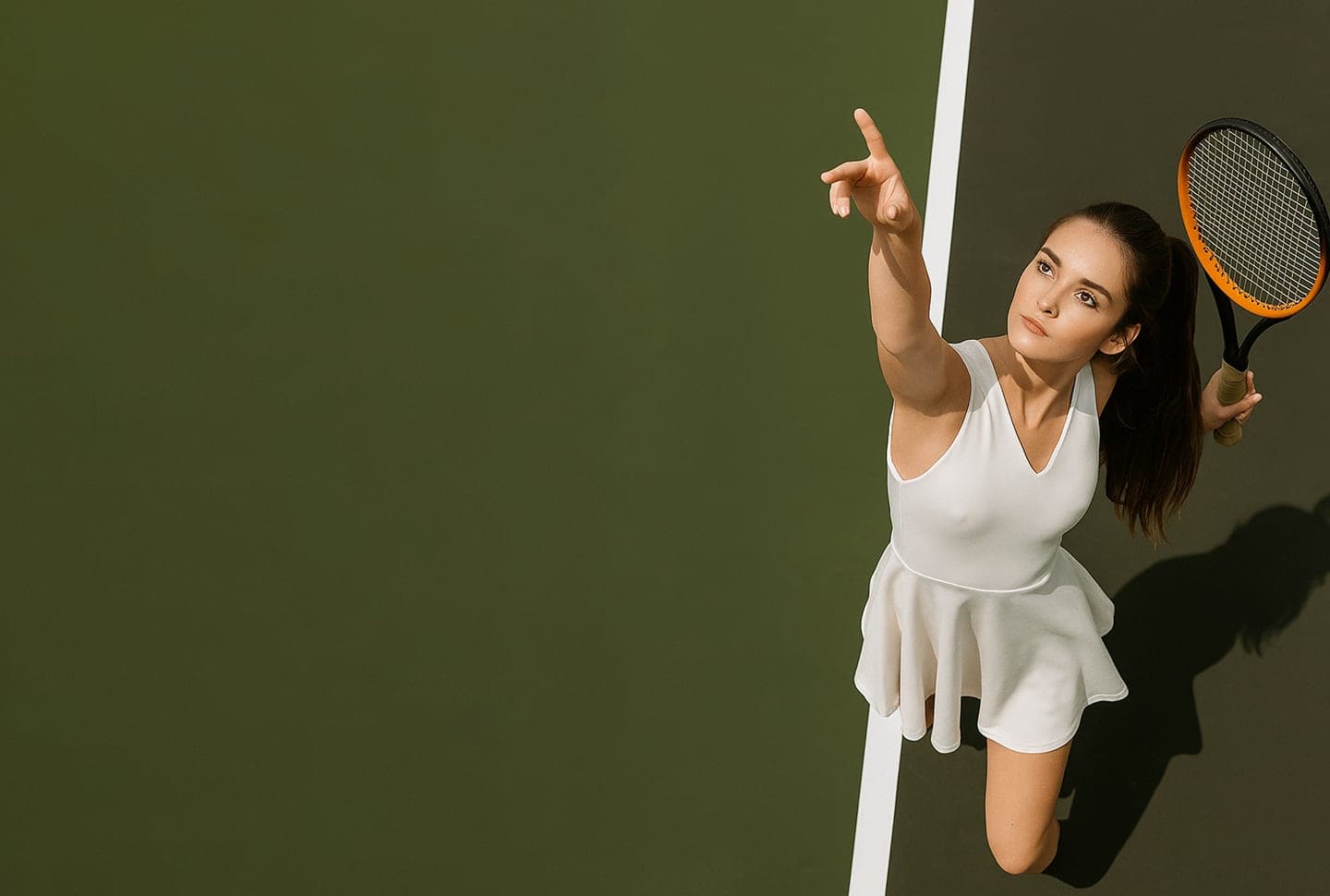 Tennis player on a green court holding a racket