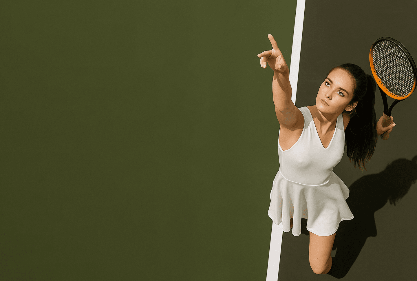 Tennis player on a green court holding a racket